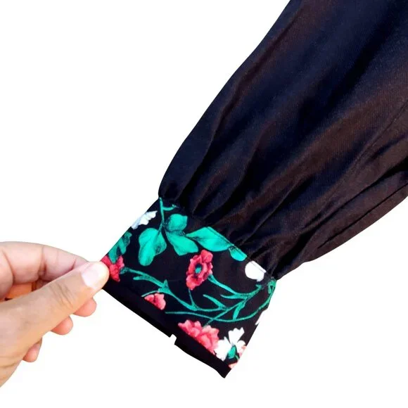 Anthropologie Bohemian Midi Shirt Dress 12 Long Sleeve Black and Green Floral - Picture 6 of 12